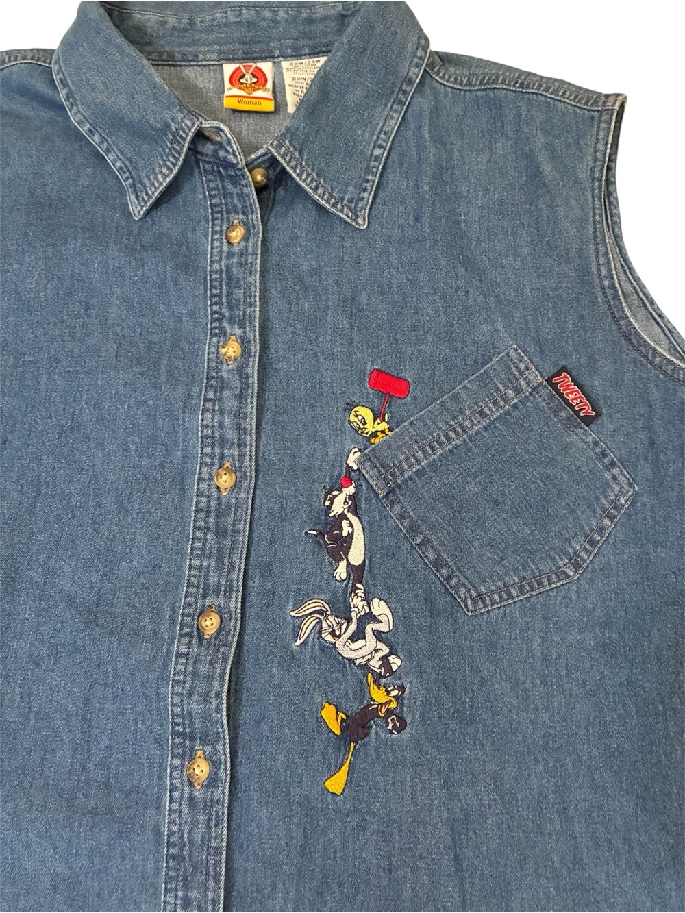 Vintage Looney Tunes Tweety Sleeveless Denim Button Up Shirt 22W / 24W